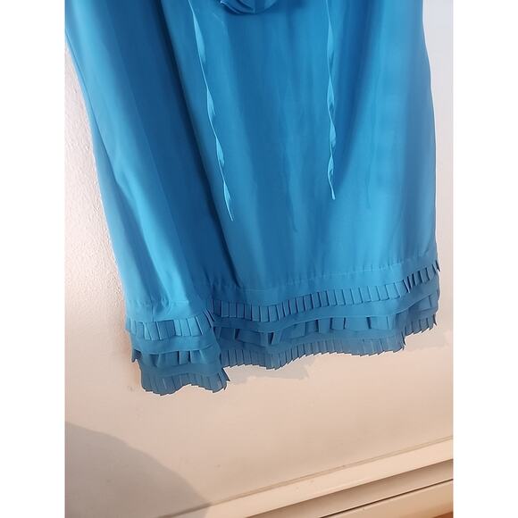 Ted Baker London Mini Poly Sheath Formal Cocktail Dress Blue Teal Ruffle Size 4 - Picture 3 of 6